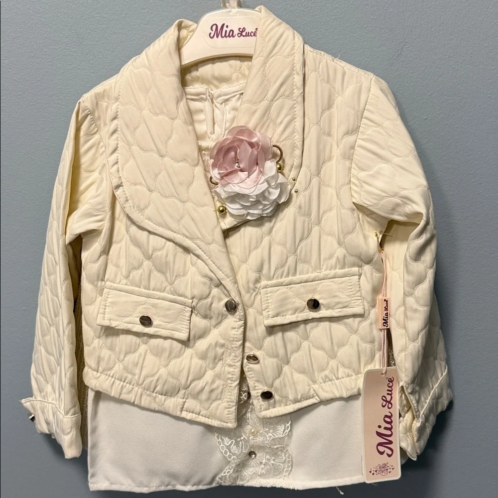 Mia Sue Cream Quilted Jacket with Flower Accent for kids